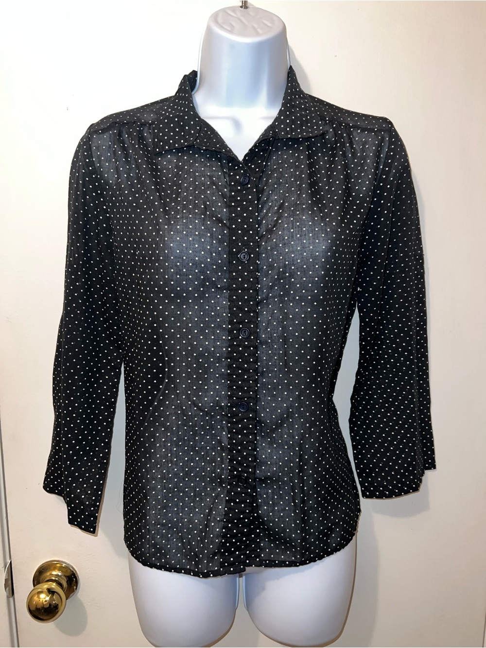 Black Polka Dot Button-Front Blouse with Collar